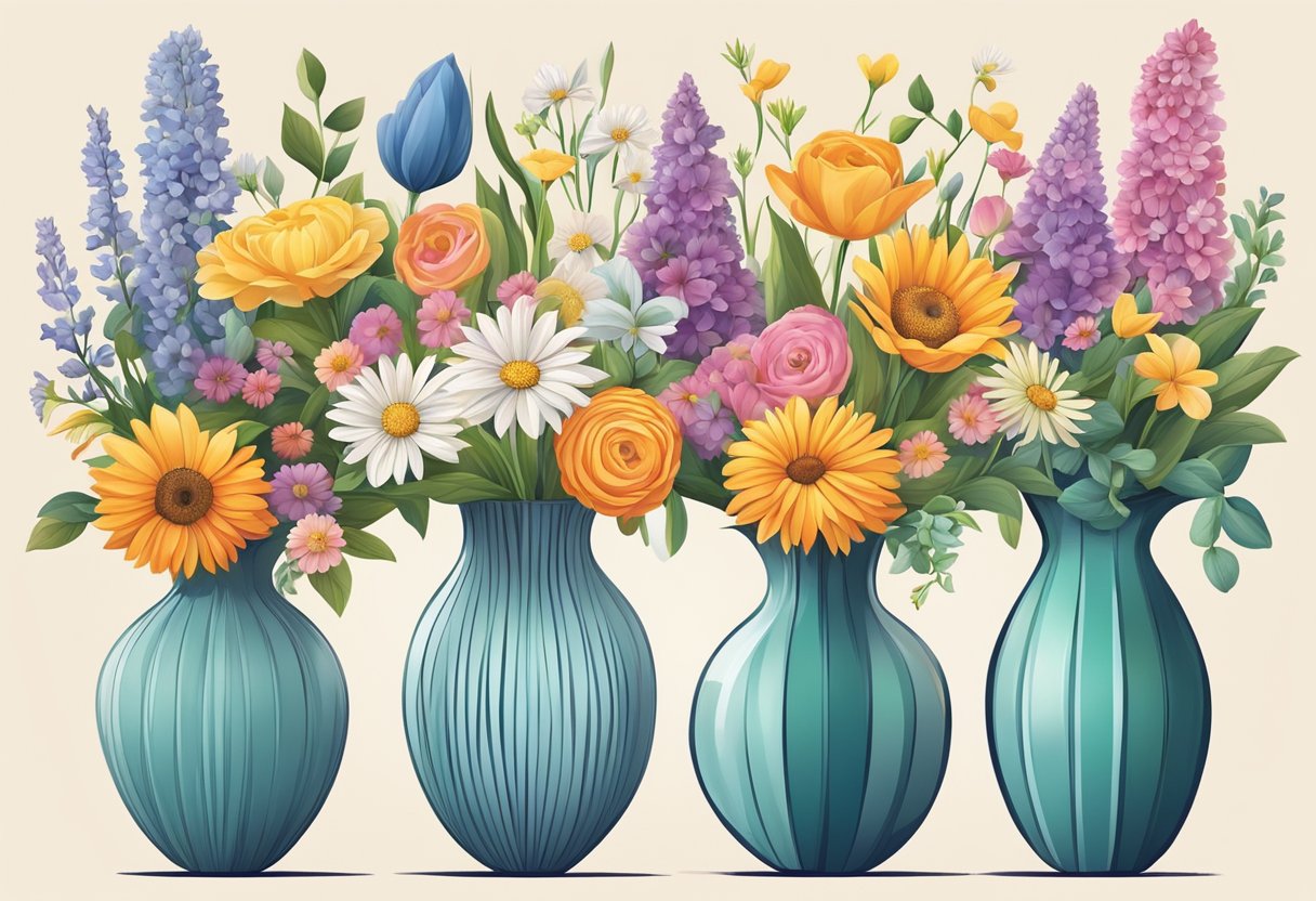 A variety of flowers arranged in a modern vase, with each type of flower representing different emotions or concepts, such as love, beauty, or growth