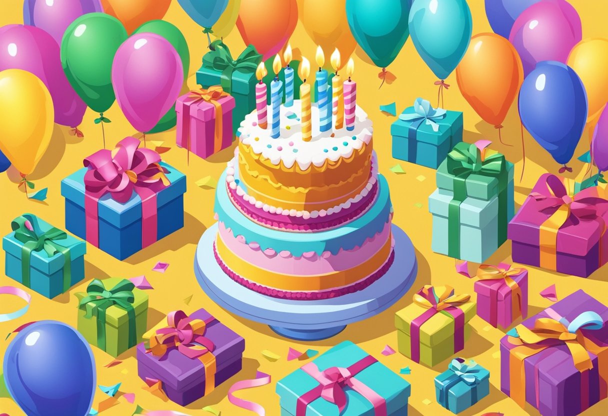 A colorful birthday cake with 26 candles, surrounded by presents and balloons, with a card reading "Happy 26th Birthday" for a daughter