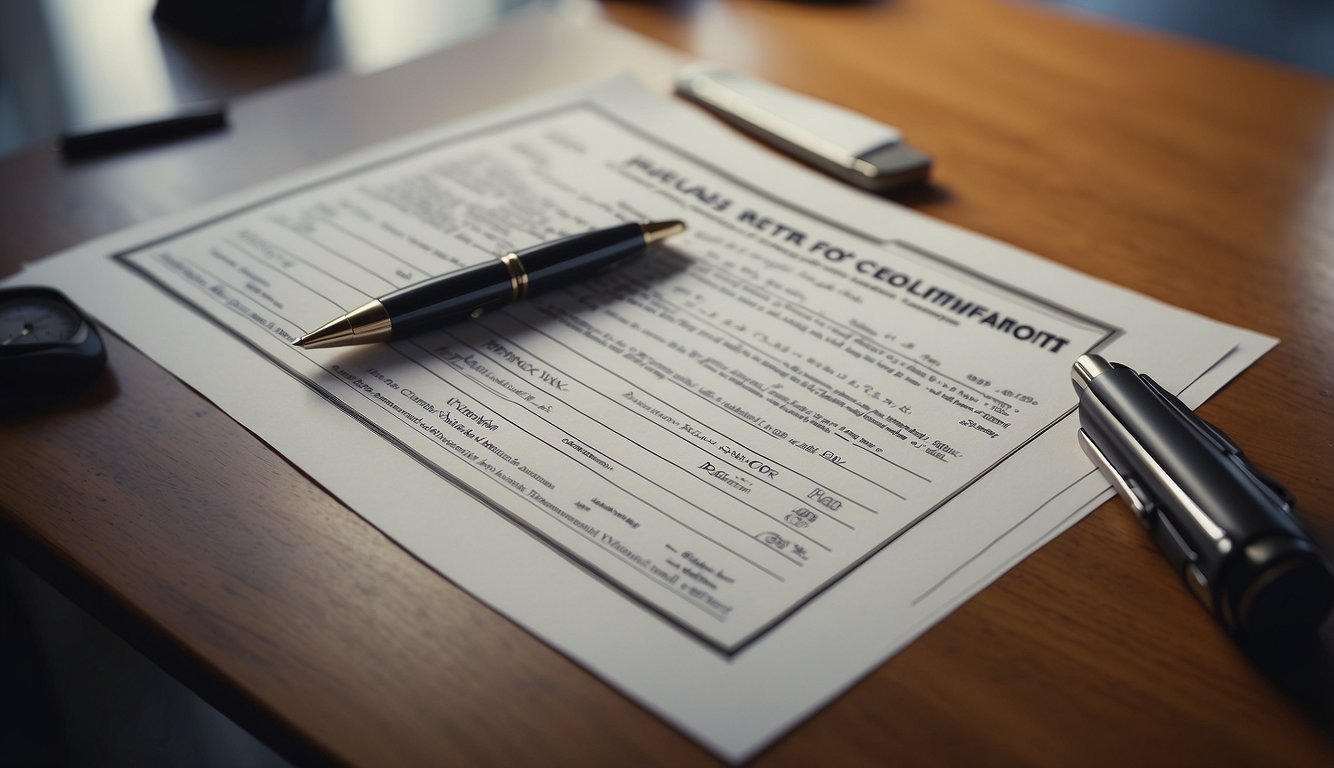 A rental certificate form being filled out with a pen on a desk