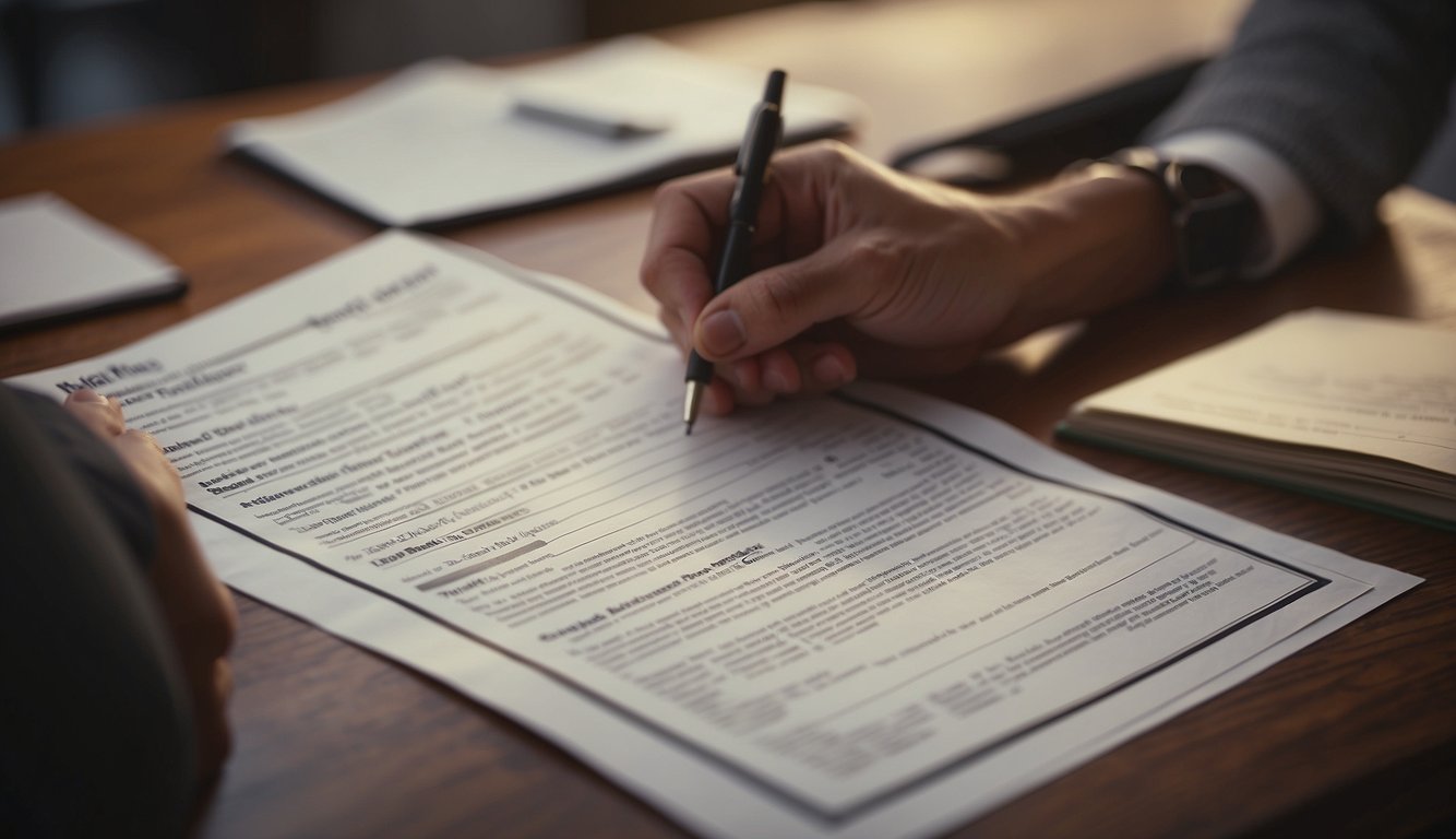 A landlord filling out a rental certificate form at a desk with a pen and documents spread out in front of them