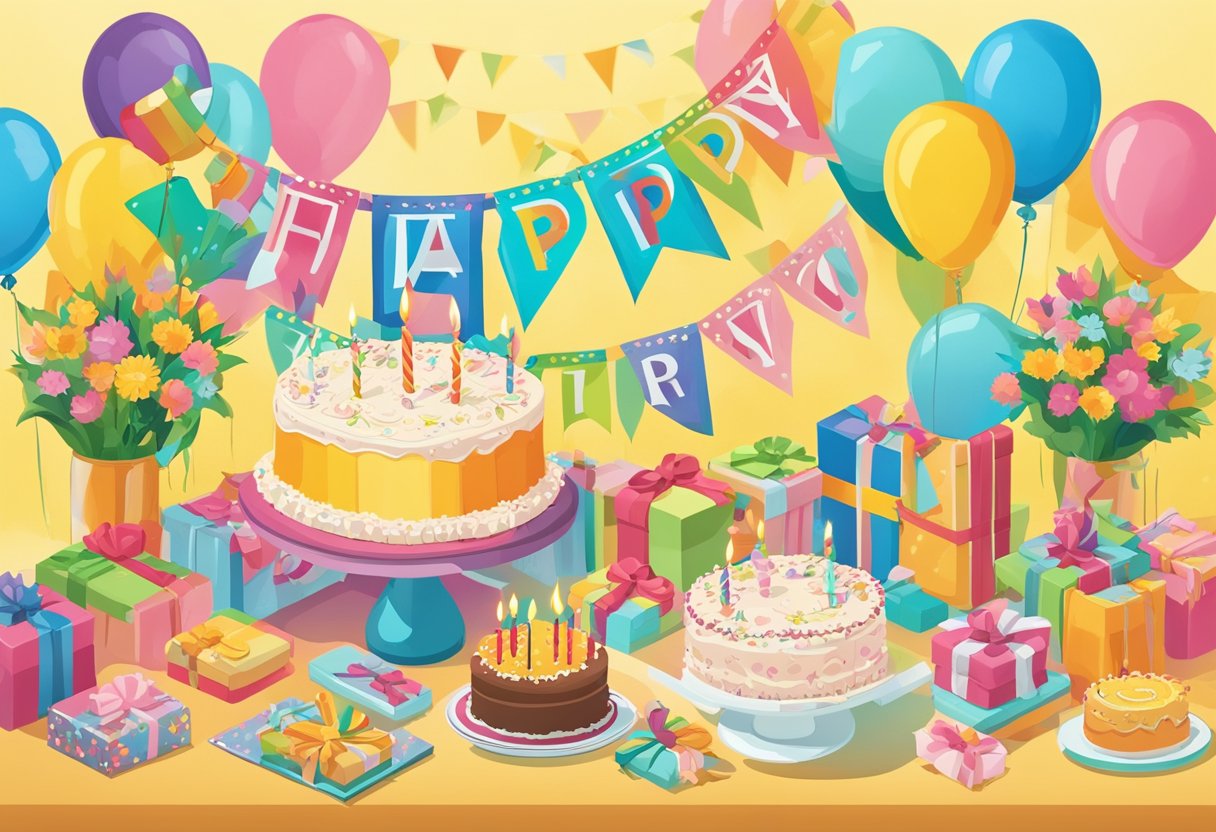 A colorful birthday banner hangs above a table with a cake and presents. A card with "Happy 27th Birthday" is propped up against a vase of flowers