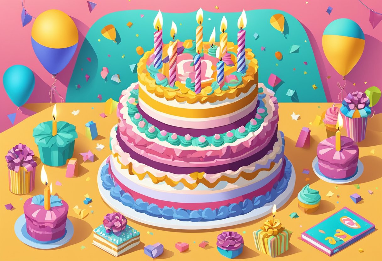 A colorful birthday cake adorned with 27 candles, surrounded by cheerful decorations and a loving birthday card for a daughter