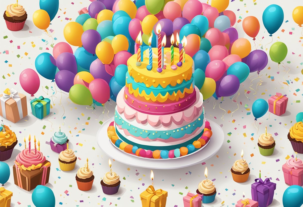 A colorful birthday cake with 27 candles, surrounded by balloons and confetti, with a card that reads "Happy 27th Birthday" for a daughter