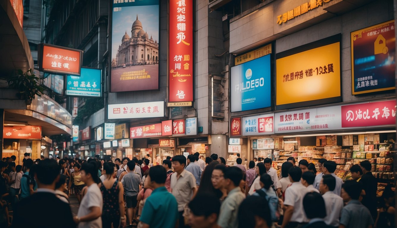 A bustling Singapore street with colorful moneylender signs, people entering and exiting storefronts, and a variety of financial advertisements lining the busy thoroughfare