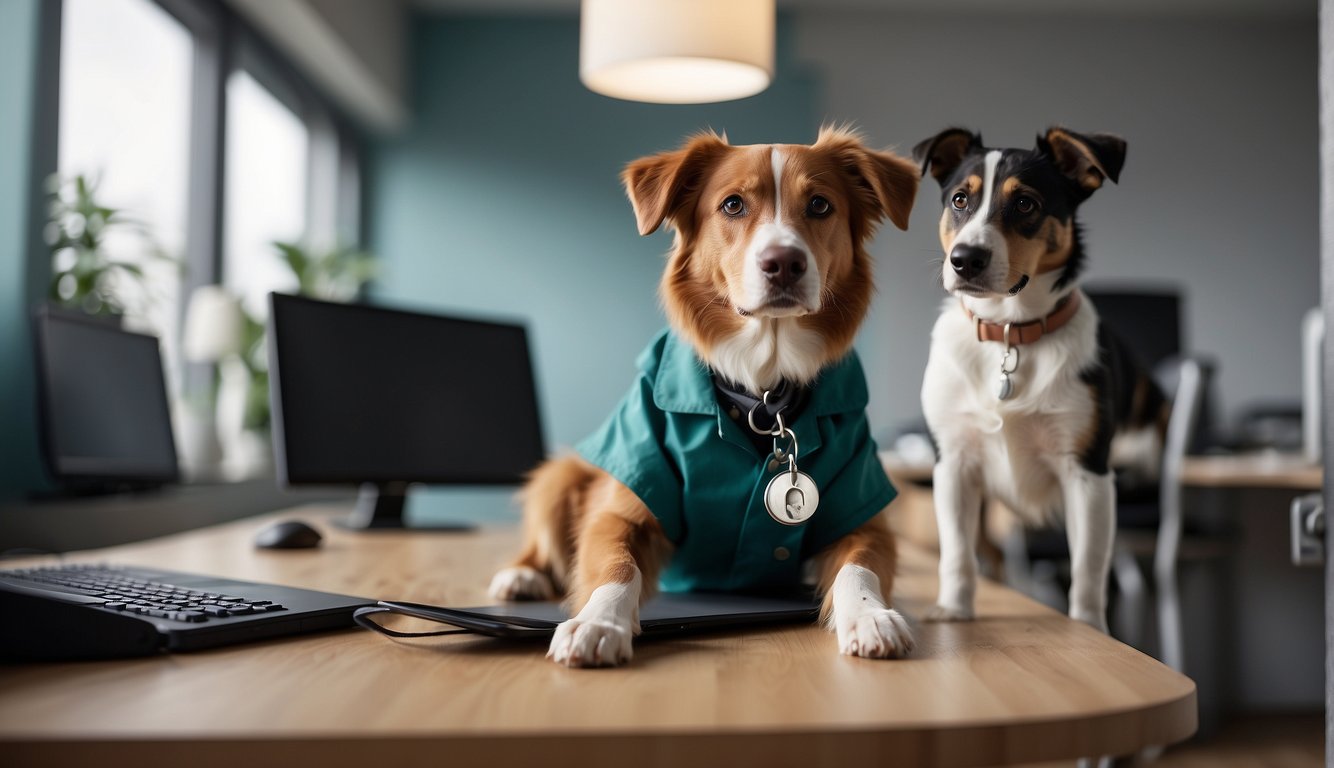 A veterinarian holding a clipboard, standing next to a dog on a leash, with a desk and computer in the background