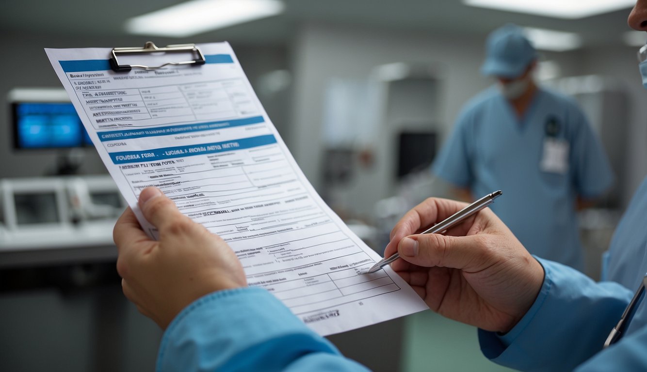 A veterinarian completes a discharge form, filling in patient details and post-treatment instructions. The form includes space for medication, follow-up appointments, and any additional notes