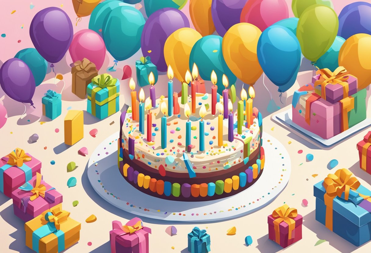 A colorful birthday cake with 28 candles sits on a table, surrounded by presents and balloons. A card with a heartfelt birthday message is placed next to the cake