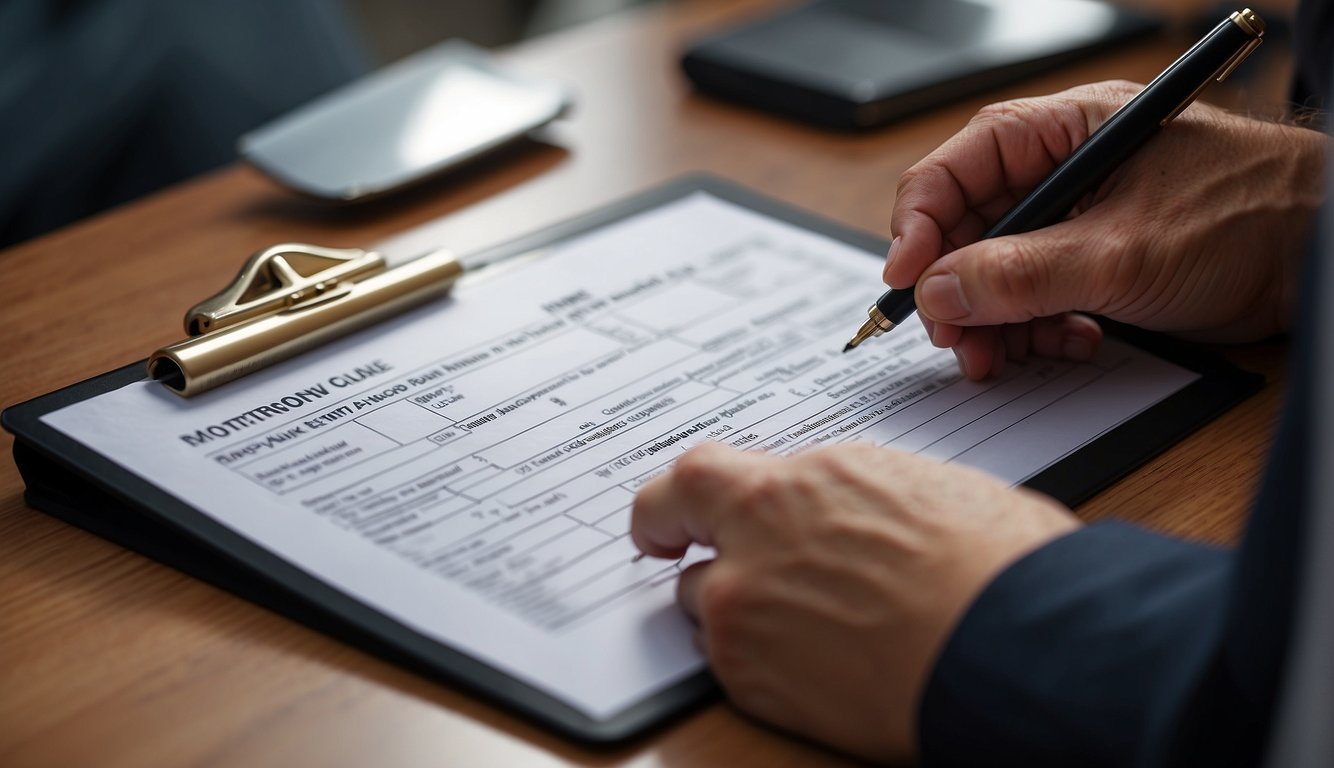 A hand holding a pen, filling out a buyer form on a clipboard