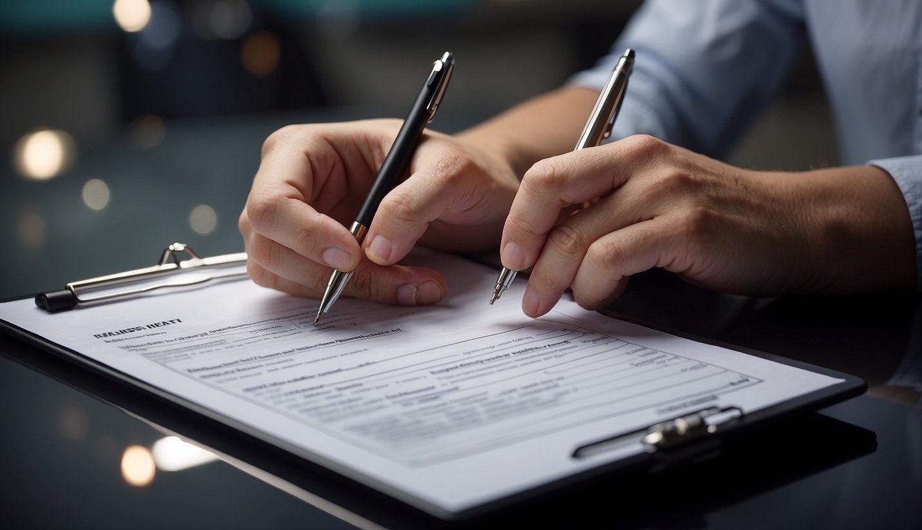 A person completing a buyer form on a clipboard with a pen