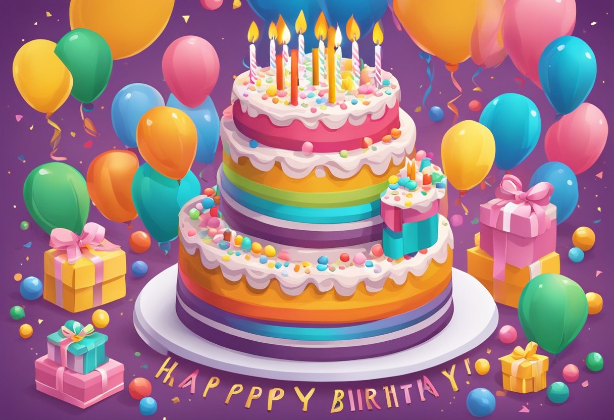 A colorful birthday cake with 29 candles, surrounded by festive decorations and a loving message from a parent to their daughter