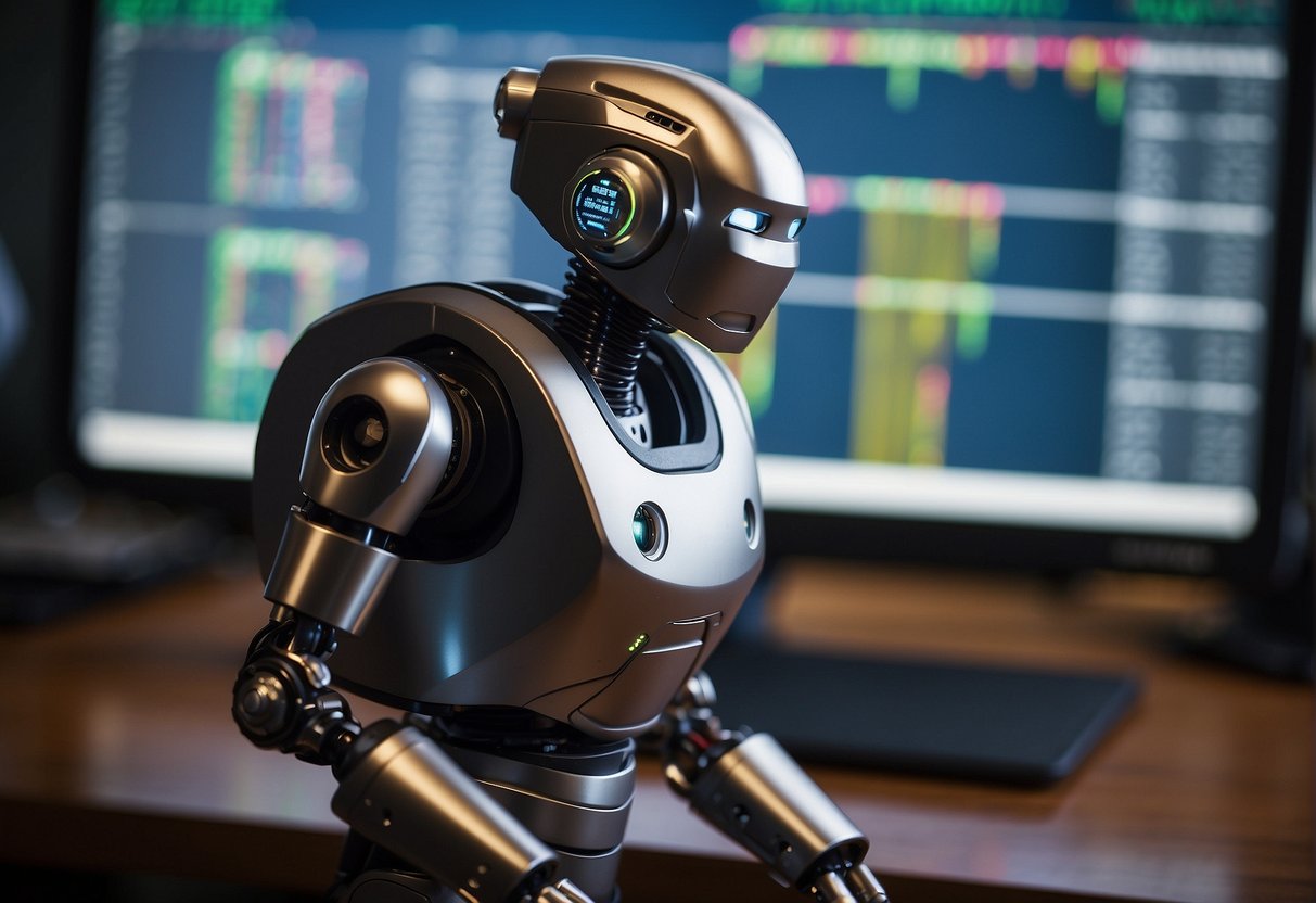 A Dollar Cost Averaging Trading Robot sits on a computer screen, analyzing stock charts and executing trades. Graphs and numbers display its performance