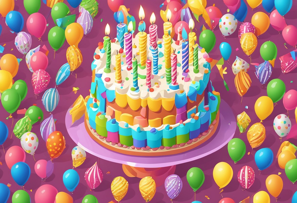 A colorful birthday cake with 29 candles, surrounded by balloons and confetti, with a happy and celebratory atmosphere