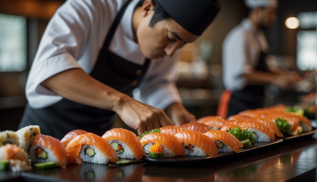 A sushi chef carefully arranging various sushi rolls and sashimi on a sleek, modern order form with spaces for customization