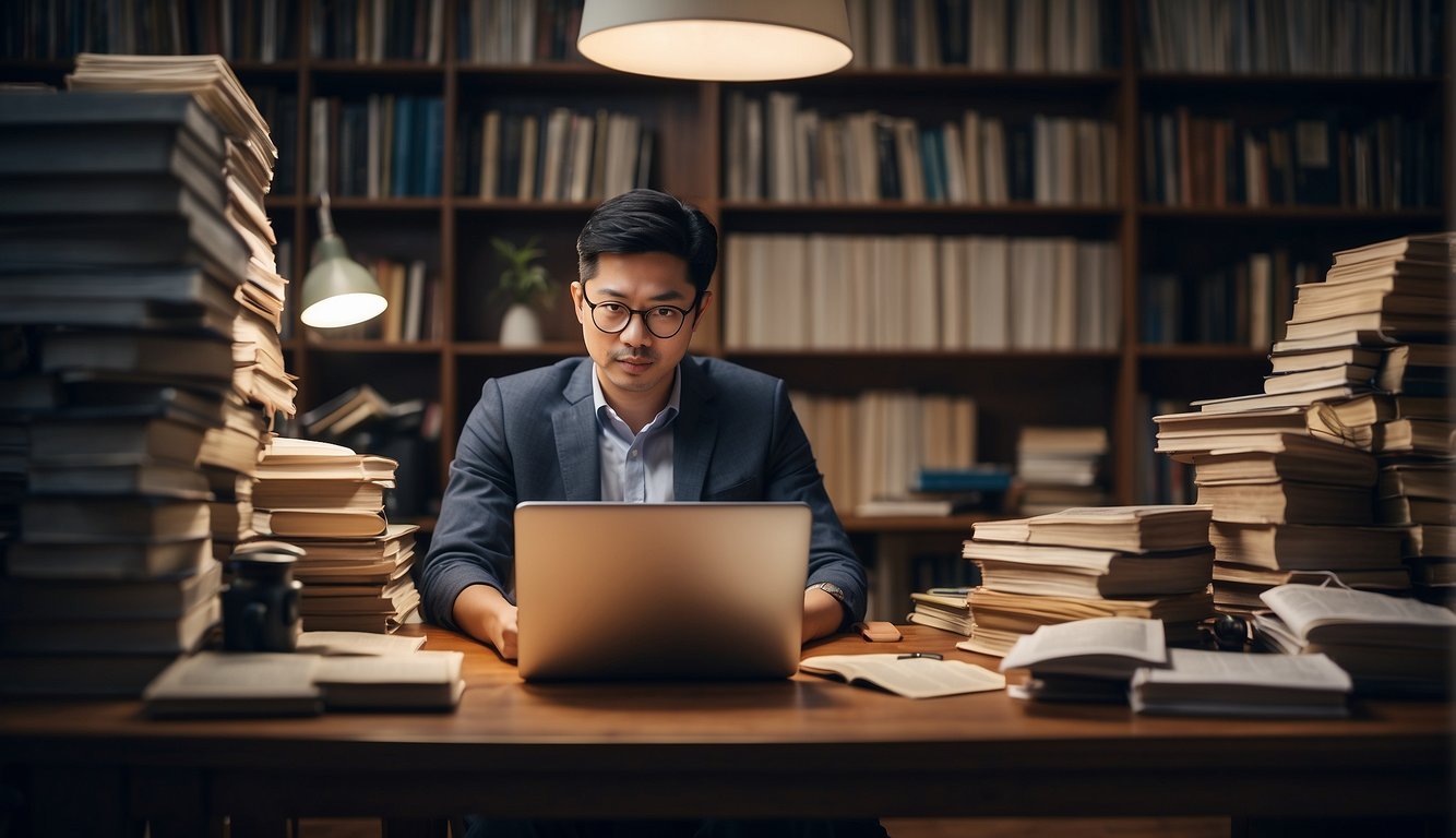 A person sitting at a desk, surrounded by books and papers, using a laptop to research money lending options in Singapore