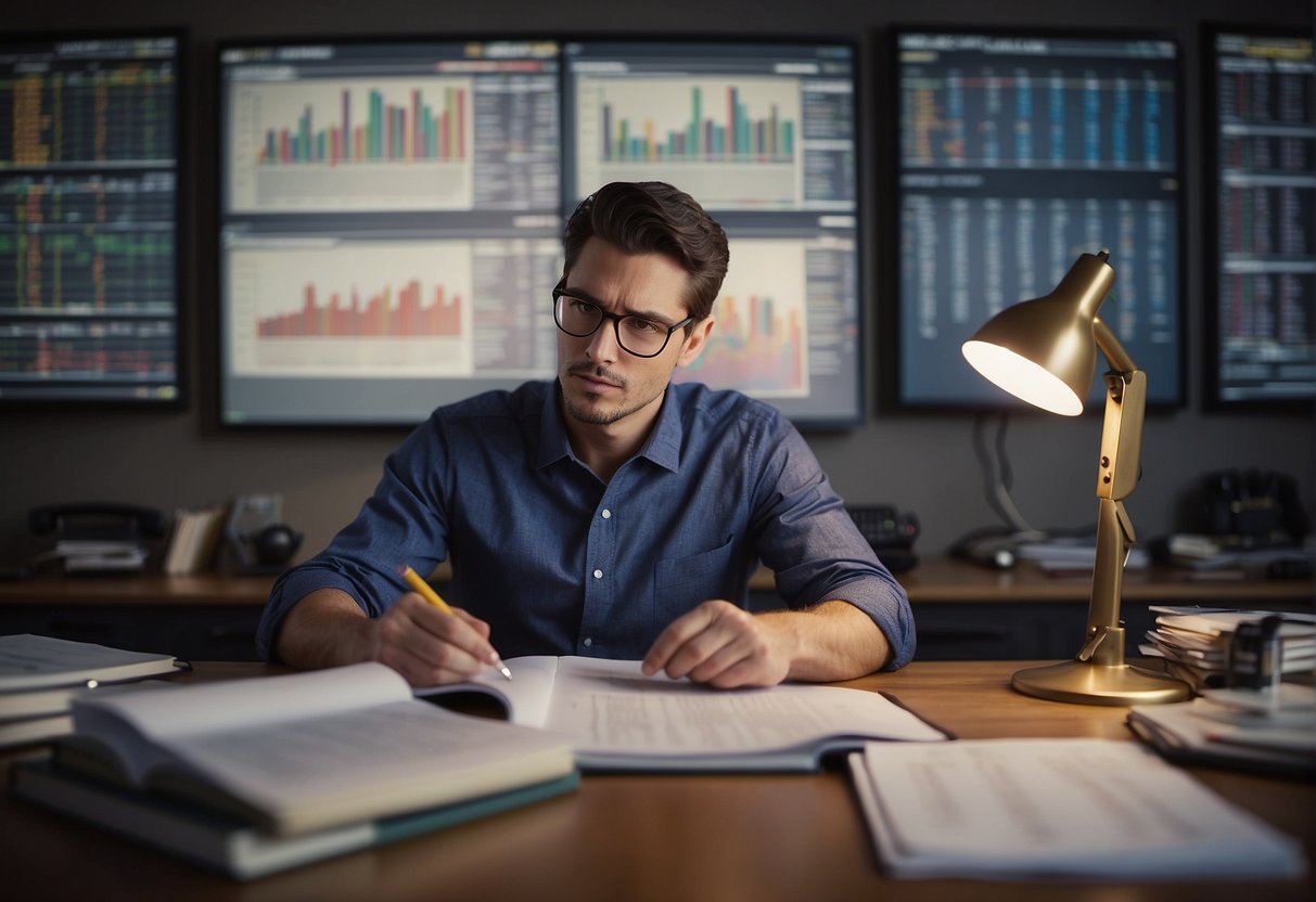 A person studying stock charts and graphs, with a 401k statement nearby. The person looks focused and determined, surrounded by financial books and research materials