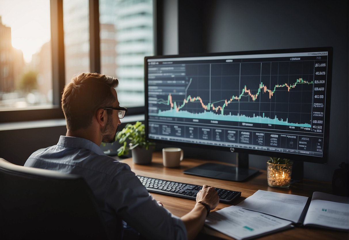 A person studying charts and graphs, analyzing data, and making investment decisions for their 401k based on technical analysis
