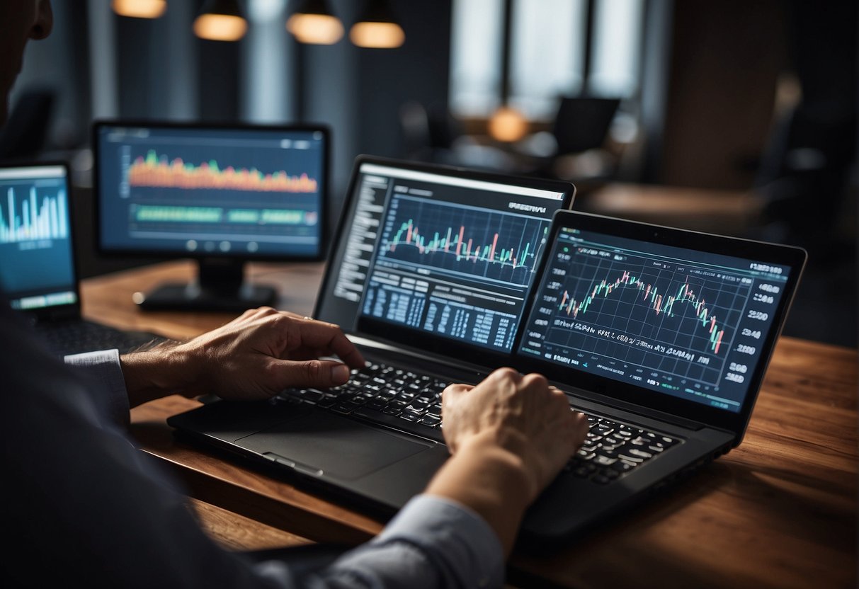 A person analyzing investment charts and graphs, with a focus on minimizing costs and expenses. They are using technical analysis to make decisions for their 401k