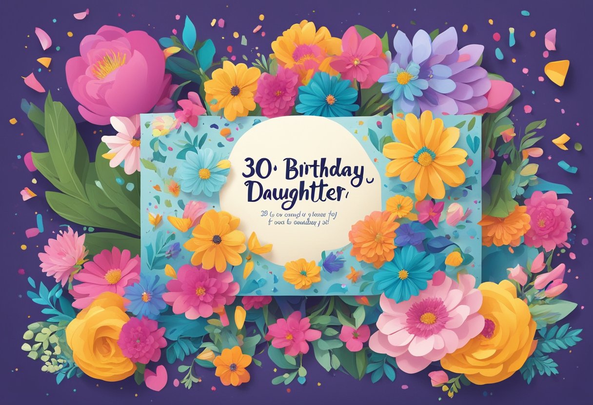 A colorful birthday card with "30th birthday quotes for daughter" in elegant script, surrounded by vibrant flowers and confetti