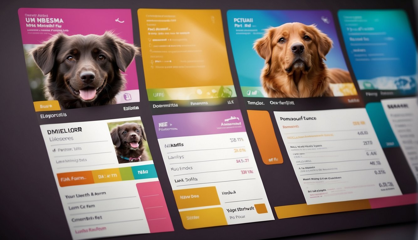 A colorful pet information form with spaces for name, breed, age, and owner contact details