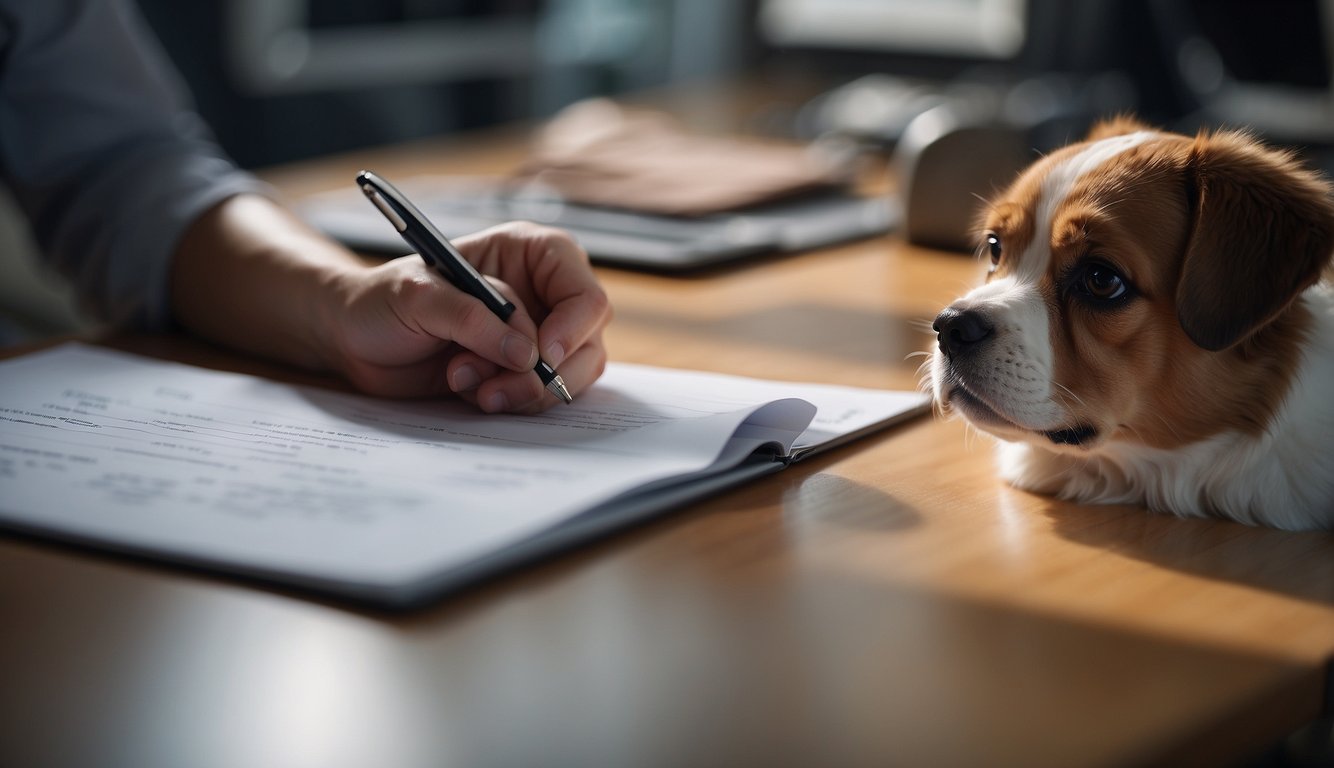 A pet owner filling out a pet information form with a pen at a desk