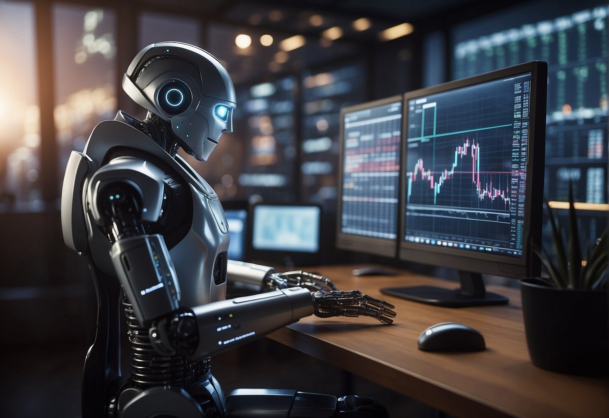 A trading robot sits on a desk, with a computer screen displaying stock charts. A hand reaches out to input data. Graphs and numbers fill the screen