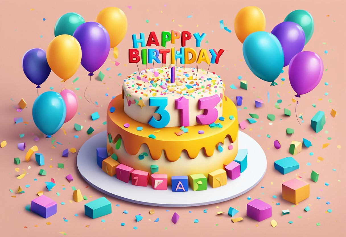 A birthday cake with "Happy 31st Birthday" written on it, surrounded by colorful balloons and confetti. A card with a heartfelt message sits beside it