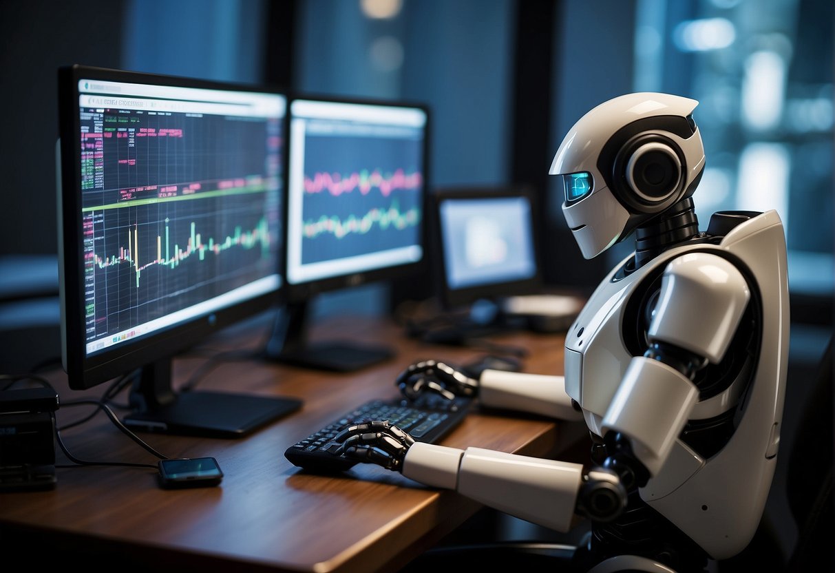 A trading robot sits on a desk, connected to a computer screen displaying investment platforms and exchanges. It executes dollar cost averaging trades with precision and efficiency