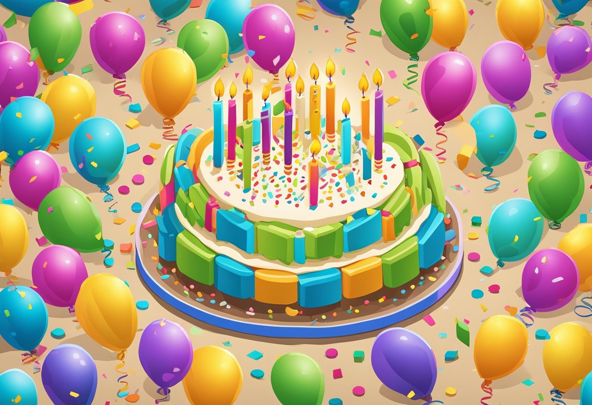 A colorful birthday cake with 31 candles, surrounded by balloons and confetti. A thoughtful birthday card with a heartfelt message sits beside the cake