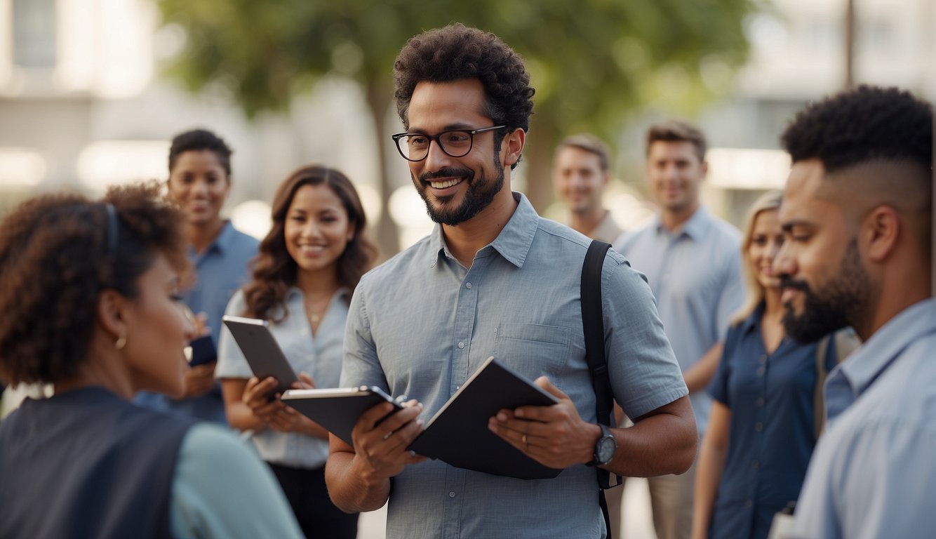 A person holding a clipboard and pen, standing in front of a group of diverse individuals, asking questions and taking notes