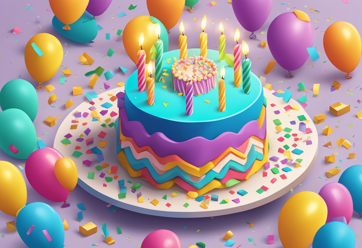 A colorful birthday cake with 31 candles, surrounded by balloons and confetti, with a thoughtful birthday card nearby