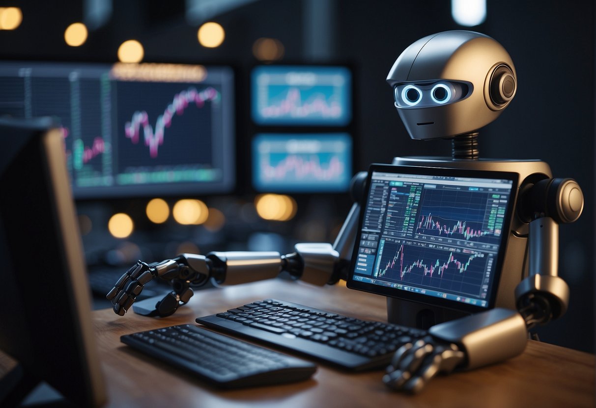 A Dollar Cost Averaging Trading Robot calculates and executes trades. It shows a robot analyzing market data and making trades on a computer screen