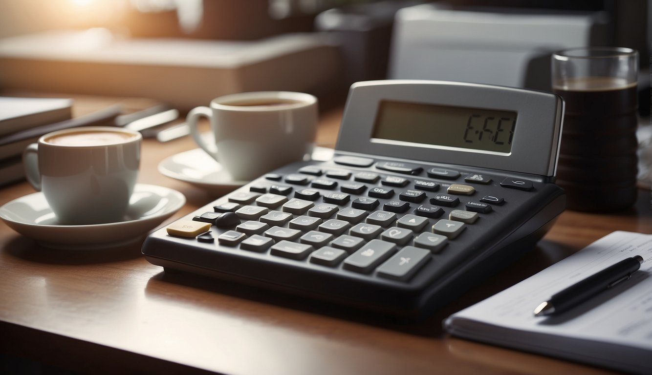 A desk with a computer displaying the WP Form Calculator interface, surrounded by office supplies and a cup of coffee