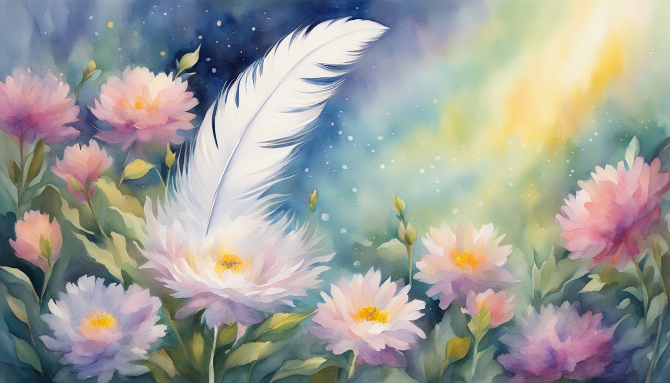 A glowing halo of light surrounds a single white feather, resting on a bed of vibrant, blooming flowers, with a subtle but powerful energy emanating from the number 100