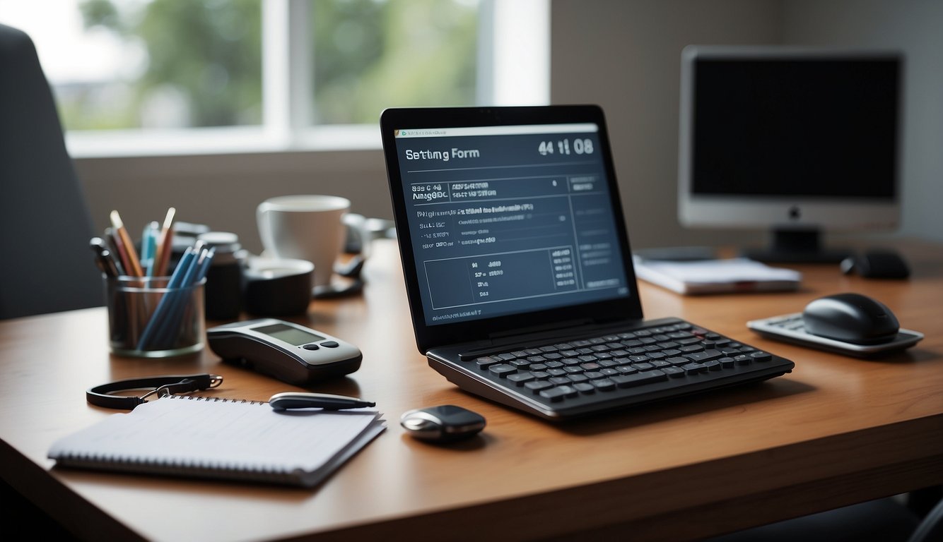 A desk with a computer, calculator, and pen. A blank form on the screen, with a title "Setting Up the Basics wp form calculator"