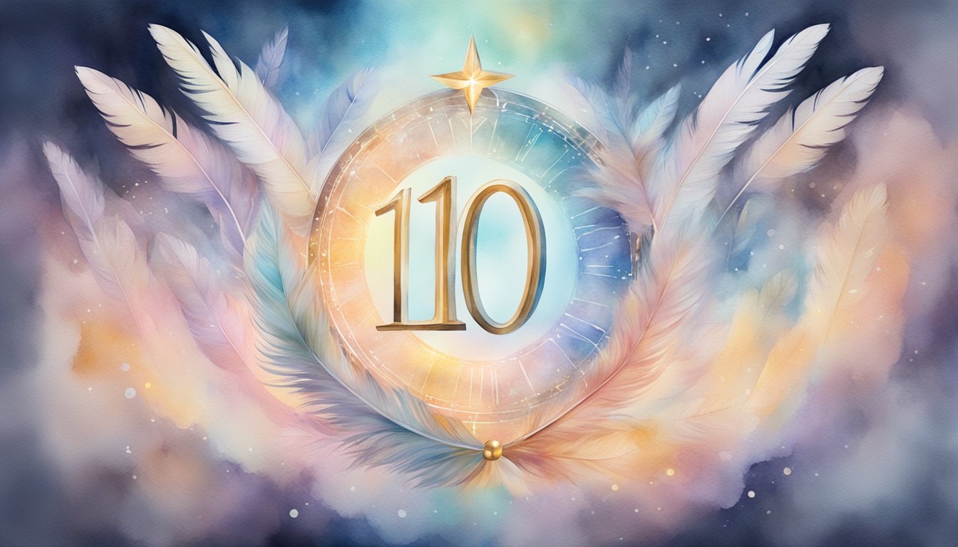 A glowing number 100 surrounded by angelic symbols and feathers, with a soft light emanating from it