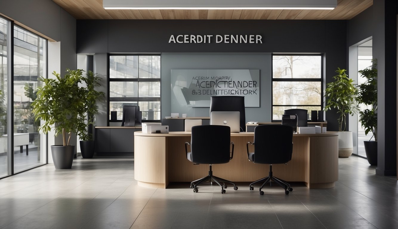 A modern office with a sleek desk and chairs, a sign reading "Accredit Moneylender" on the wall, and a friendly receptionist welcoming clients