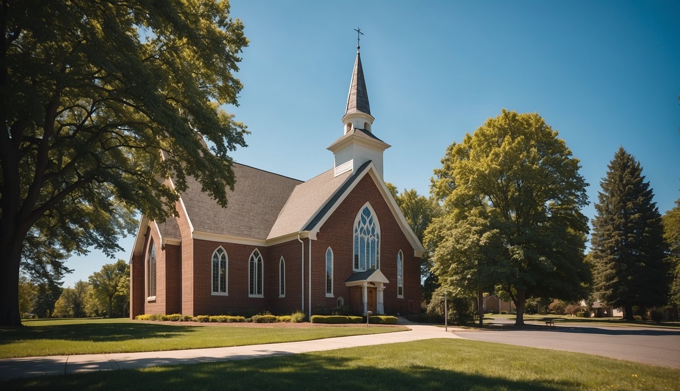 A church building with a prominent sign reading "free church forms.com" displayed in front. Trees and a clear blue sky in the background