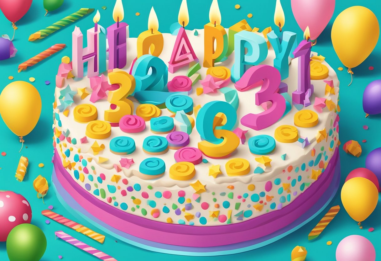 A colorful birthday cake with "Happy 32nd Birthday" written in bold letters, surrounded by festive decorations and a thoughtful quote for a daughter