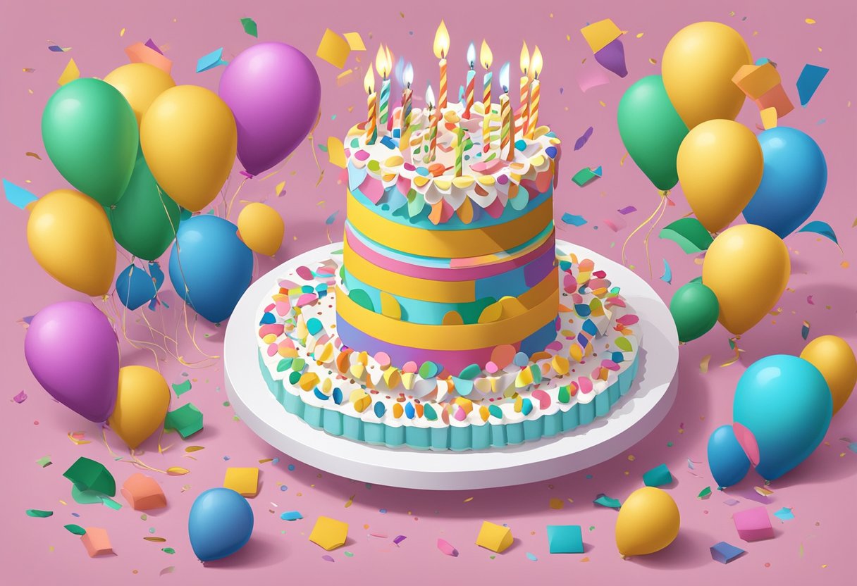 A birthday cake adorned with 32 candles, surrounded by colorful balloons and confetti, with a thoughtful birthday quote for a daughter displayed nearby
