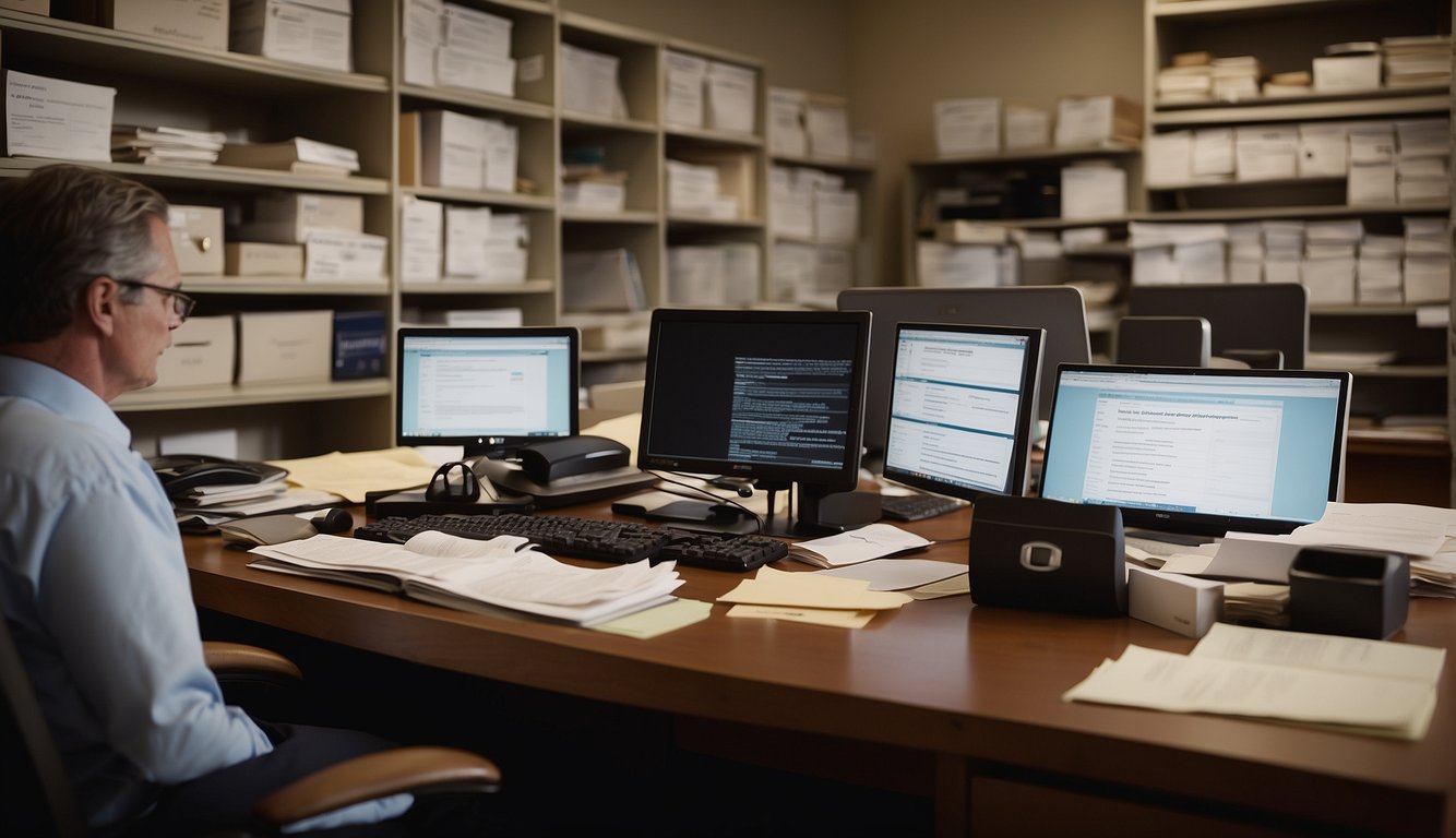 A church administrator organizes paperwork at a desk, surrounded by shelves of neatly labeled forms and files. A computer screen displays the website "freechurchforms.com."