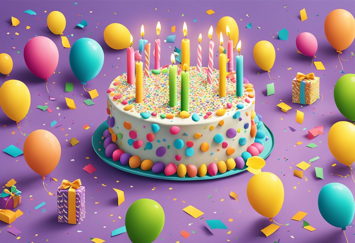 A colorful birthday cake with 32 candles, surrounded by balloons and confetti. A card with a heartfelt birthday message for a daughter