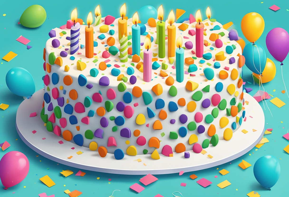 A colorful birthday cake with 32 candles, surrounded by balloons and confetti. A thoughtful birthday card with a heartfelt message sits next to the cake
