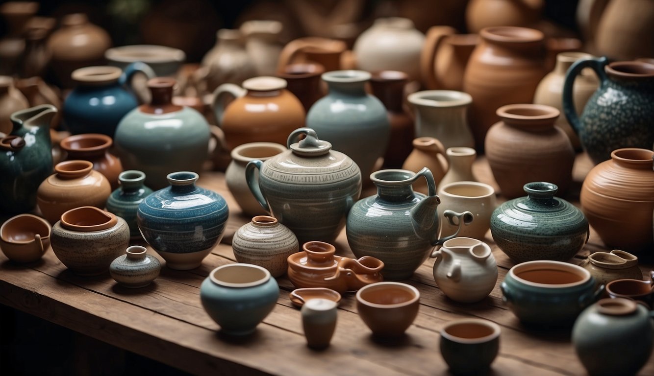 A table covered in various shapes and sizes of pottery, arranged in a visually appealing manner