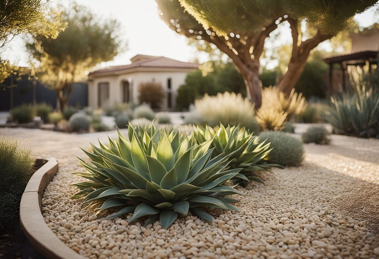 A front yard with drought-resistant plants, gravel pathways, and a rainwater collection system