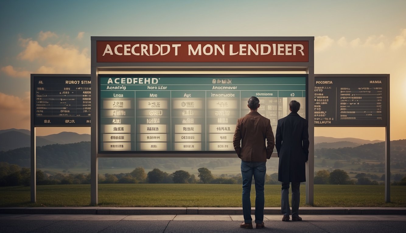 A person standing in front of a sign that reads "Accredit Moneylender" with a thoughtful expression, surrounded by various options for moneylenders