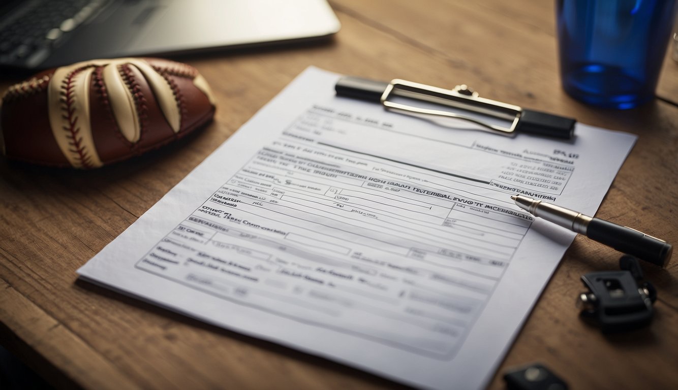 A baseball tryout registration form being filled out on a clipboard with a pen