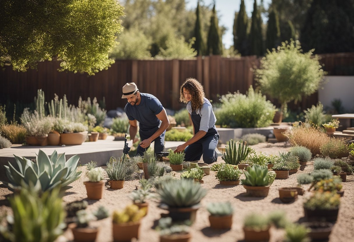 A person choosing drought-tolerant plants for a water-wise front yard landscape, surrounded by various types of plants and gardening tools