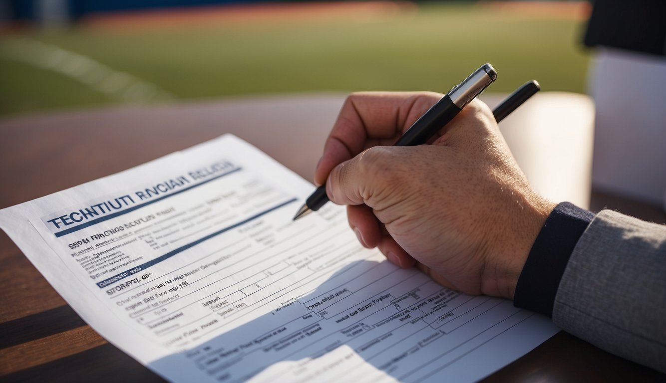 A hand holding a baseball tryout registration form, with a pen ready to fill in personal information