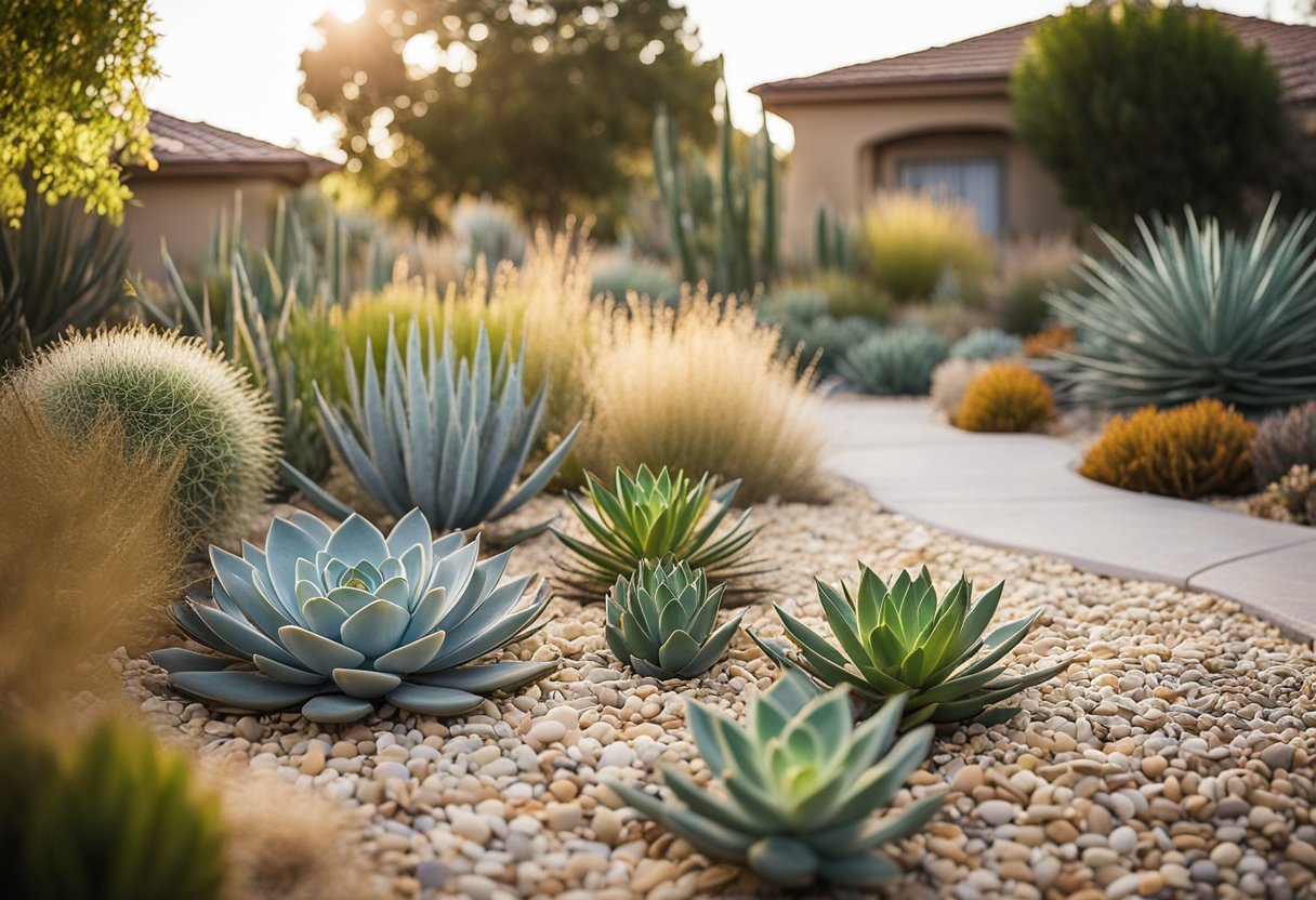 A modern front yard with drought-resistant plants, gravel pathways, and a rainwater collection system. A mix of native grasses and succulents create a low-maintenance, water-wise landscape