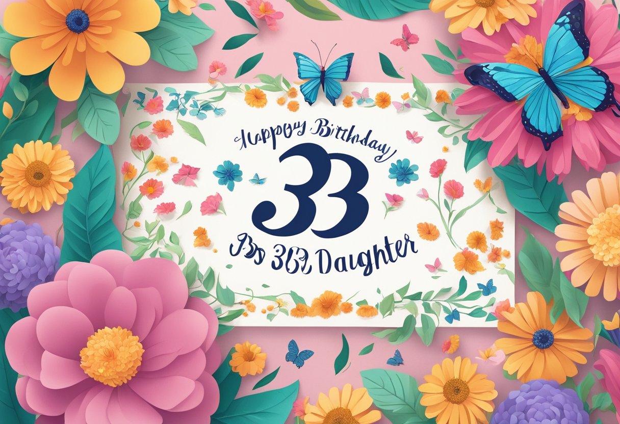 A colorful birthday card with "33rd birthday quotes for daughter" written in elegant script, surrounded by vibrant flowers and delicate butterflies